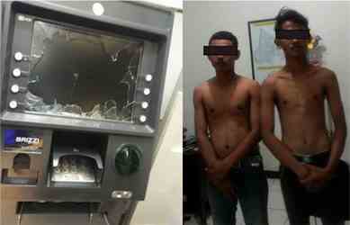 Foto Kiri: ATM yang dirusak oleh tersangka | Foto Kanan: Tersangka MS (18) dan IK (18) saat diamankan petugas di Mapolsek Cikarang