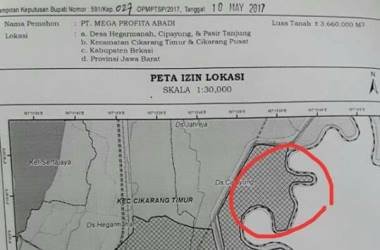 Salah satu izin lokasi yang telah dikeluarkan Dinas Penanaman Modal dan Perizinan Terpadu Satu Pintu (DPMPTSP) Kabupaten Bekasi kepada PT. Mega Profita Abadi dengan luas 366 Hektare pertanggal 10 Mei 2017 lalu.