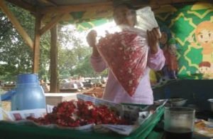 Ibu Lena (38) penjual bunga musiman di TPU Ki Buku Desa Pasir Sari Kecamatan Cikarang Selatan saat menunjukan stok bunga yang tersedia di hari ketiga lebaran tahun ini, Minggu (17/06) sore.