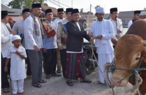 Bupati Bekasi, Eka Supria Atmaja saat menyerahkan hewan kurban berupa sapi limosin dengan bobot kurang lebih 500 Kg kepada DKM Masjid An-Nur, Minggu (11/08) pagi. | Foto: Humas Pemkab Bekasi