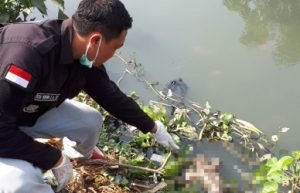 Petugas kepolisian saat melakukan olah TKP di lokasi penemuan mayat bayi di saluran irigasi pabrik atau biasa disebut Kali Kepu, Kp. Gabus RT 03/04 Desa Sriamur Kecamatan Tambun Utara pada Minggu (16/09) pagi.