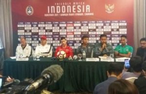 Pre match confrence anatar Timnas Indonesia U-23 dengan Suriah U-23 di Hotel Grand Zuri Cikarang, Rabu (15/11) siang.