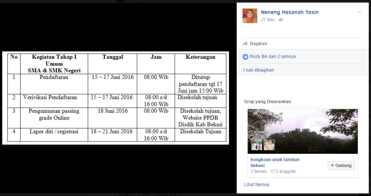 Jadwal PPDB yang diumumkan Bupati di facebook pada tanggal 15 Juni (hari ini), berbeda dengan jadwal panitia PPDB untuk tingkat SMK yang baru dibuka tanggal 27 Juni 2016 mendatang.