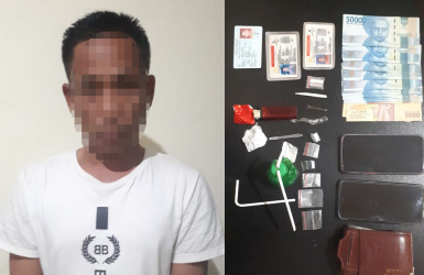 Tersangka SH (44) berikut barang bukti yang berhasil diamankan Unit Reskrim Polsek Serang Baru.