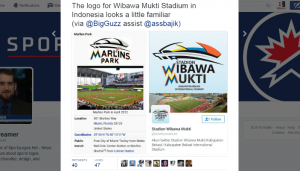 Postingan Chris Creamer founder Sportlogos.net yang menyindir kemiripan logo akun twitter Stadion WIbawa Mukti dengan Marlins Park