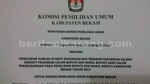 Surat Keputusan KPU Kabupaten Bekasi, tentang jumlah pesyaratan dukungan minimum bagi bakal calon perseorangan di Pilkada Kabupaten Bekasi, 2017.
