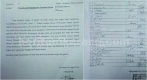 Surat permohonan bantuan perbaikan tanggul sawah yang ditantangani puluhan petani dan warga RT 002/004 Dusun II Kp. Kaliabang, Desa Sukamulya, Kecamatan Sukatani.