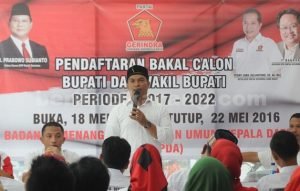 Ketua Badan Pemenangan Pemilihan Kepala Daerah (Bappda) DPC Gerindra Kabupaten Bekasi, Muhammad Taufan saat memberikan pemaparan tentang penjaringan balon Bupati dan Wakil Bupati yang dibuka oleh Partai Gerindra.