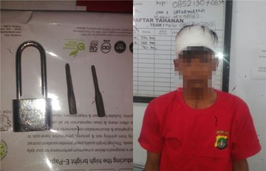 Pelaku berinisial SUT (28) warga Kp. Pilar RT 05/03 Desa Karang Asih, Kecamatan Cikarang Utara dan barang bukti yang berhasil diamankan di Mapolsek Cikarang.