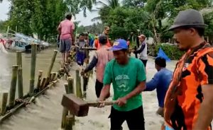 Pembangunan tanggul bambu di salah satu lokasi tanggul sungai Citarum yang jebol di Kp. Blukbuk RT 02/03 Desa Pantai Bahagia, Kecamatan Muaragembong oleh warga dan aparatur desa setempat, Rabu (10/02).