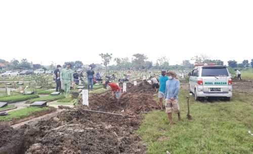 Imbas melonjaknya kasus Covid-19 di Kabupaten Bekasi, aktivitas pemakaman pasien Covid-19 di Tempat Pemakaman Umum (TPU) Mangunjaya, Kecamatan Tambun Selatan begeliat, Rabu (23/06).