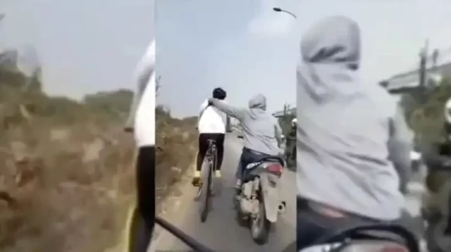 Screenshoot video detik-detik pengendara sepeda menjadi korban jambret di Jalan Raya Inspeksi Kalimalang, Desa Setiadarma, Kecamatan Tambun Selatan, Kabupaten Bekasi.