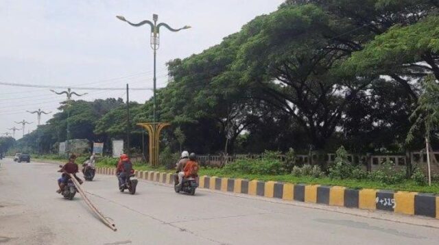 Dibangun taman, median Jalan Inspeksi Kalimalang dihiasi dengan beragam jenis tanaman.