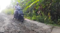 Salah seorang pengendara melintas di jalan yang rusak di Kp. Bedeng, Desa Ridogalih, Kecamatan Cibarusah, Kabupaten Bekasi.