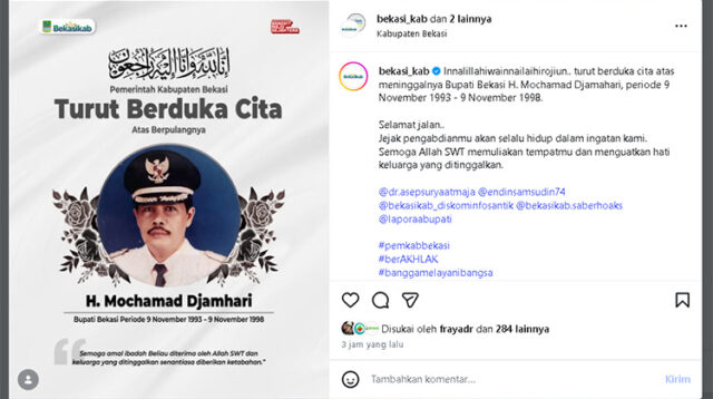Kabar duka datang dari mantan Bupati Bekasi, Mochammad Djamhari, yang meninggal dunia pada Senin (12/01) malam sekitar pukul 21.00 WIB di Bandung