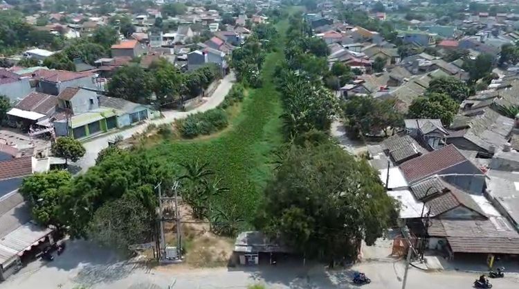 Aliran Kali Waru yang melintasi Perumahan Puri Cendana hingga Griya Bekasi Indah 2, Kecamatan Tambun Selatan, Kabupaten Bekasi, kembali tertutup eceng gondok dan rumput liar sepanjang kurang lebih dua kilometer.
